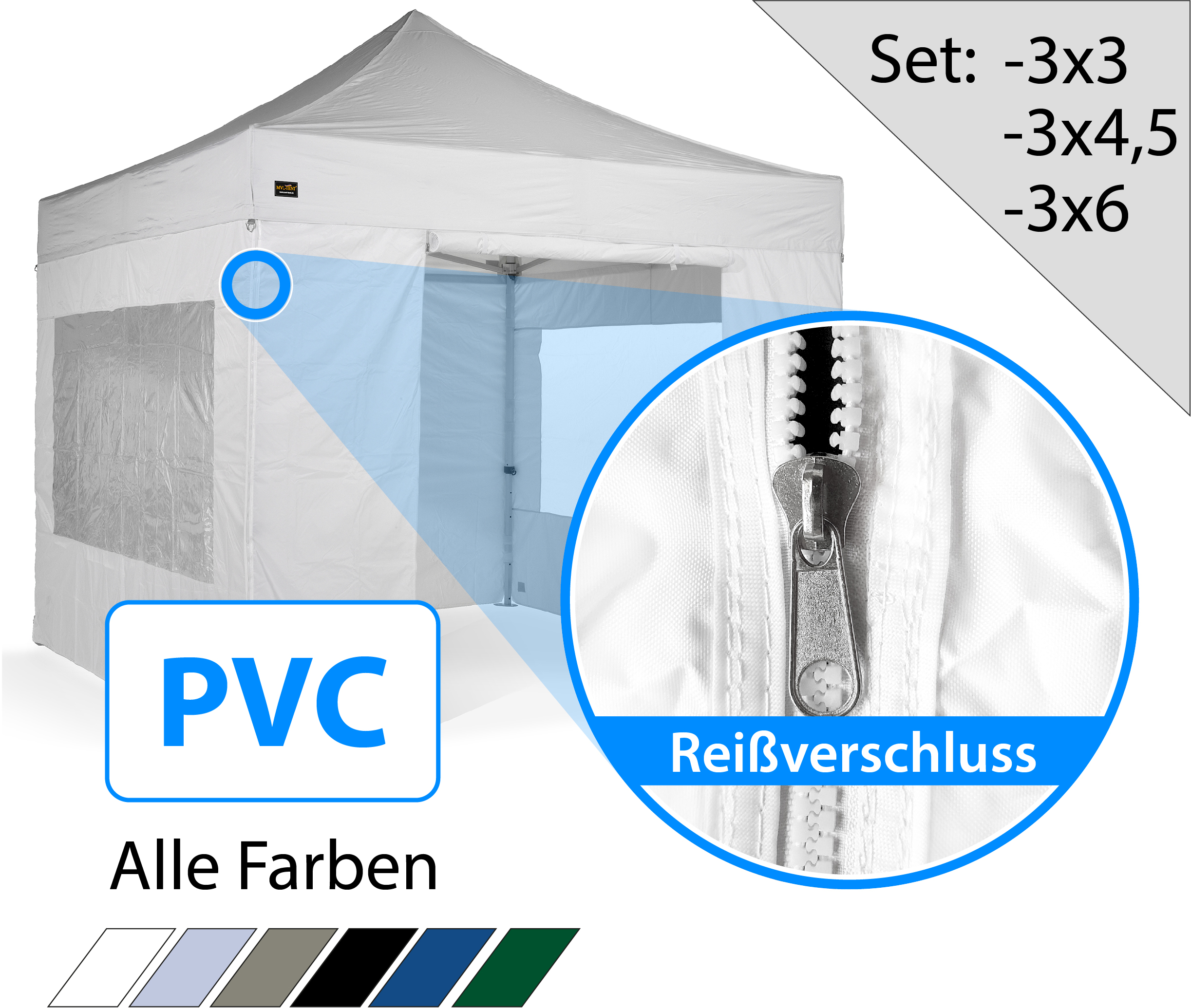 Spar-Set | Profi Faltzelt Serie 37 + PVC Seitenwände mit Reißverschluss | 3x3 3x4,5 3x6